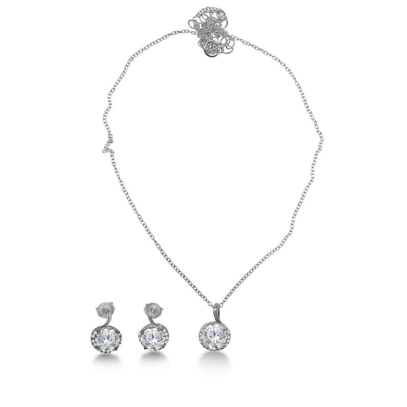 Silver 925 Rhodium Plated Clear CZ Earring and Necklace Set - BGS00534CLR | Silver Palace Inc.