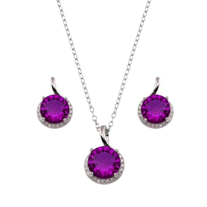 Silver 925 Rhodium Plated Purple CZ Earring and Necklace Set - BGS00534PUR | Silver Palace Inc.