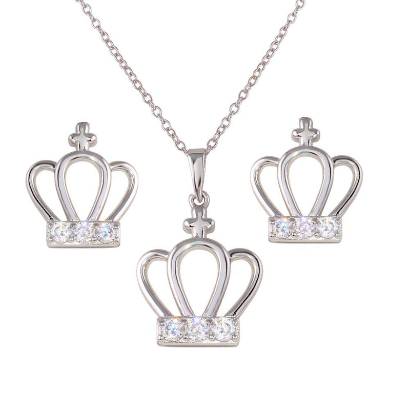 Silver 925 Rhodium Plated Crown Earrings and Necklace Set with CZ - BGS00535 | Silver Palace Inc.