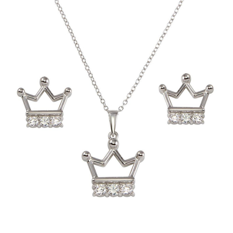 Silver 925 Rhodium Plated Crown Necklace and Earrings Set with CZ - BGS00536 | Silver Palace Inc.