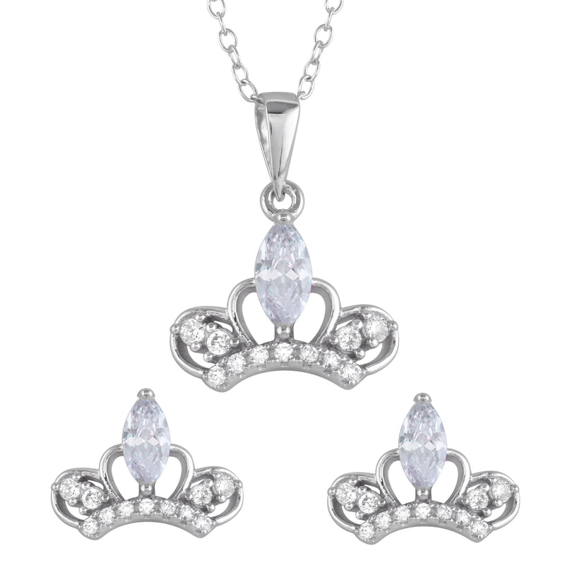 Silver 925 Rhodium Plated Clear CZ Crown Earrings and Necklace Set - BGS00537 | Silver Palace Inc.