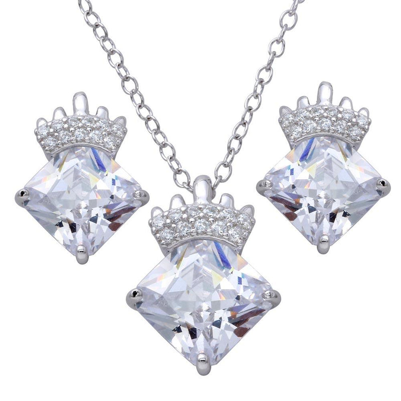 Silver 925 Rhodium Plated CZ Stone with Crown Pendant Necklace and Earrings Set - BGS00539 | Silver Palace Inc.