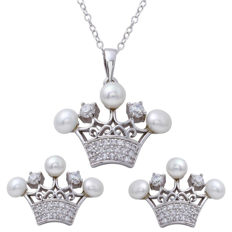 Silver 925 Rhodium Plated CZ Crown Pendant and Earrings Set with Synthetic Pearls - BGS00540 | Silver Palace Inc.