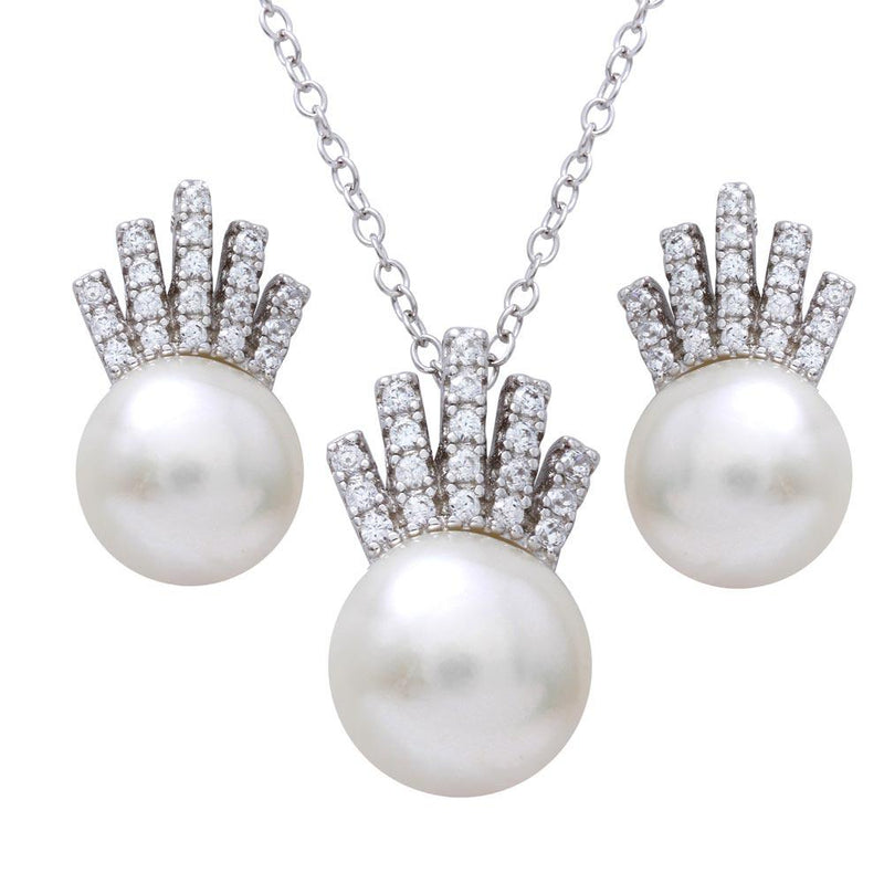 Silver 925 Rhodium Plated Synthetic Pearl with CZ Crown Pendant Necklace and Earrings Set - BGS00541 | Silver Palace Inc.