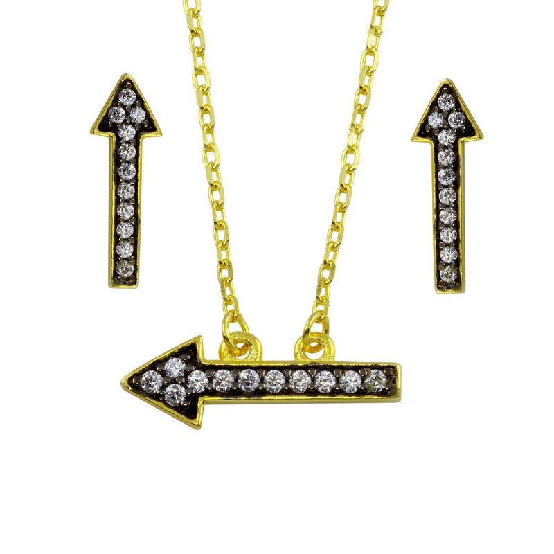 Silver 925 Gold Plated CZ Arrow Earrings and Necklace set with CZ - BGS00544 | Silver Palace Inc.