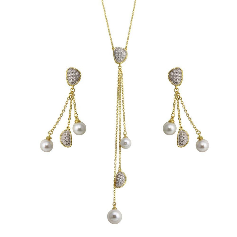 Silver 925 2 Toned Gold Plated Drop 3 Stranded Synthetic Pearl Set - BGS00545 | Silver Palace Inc.