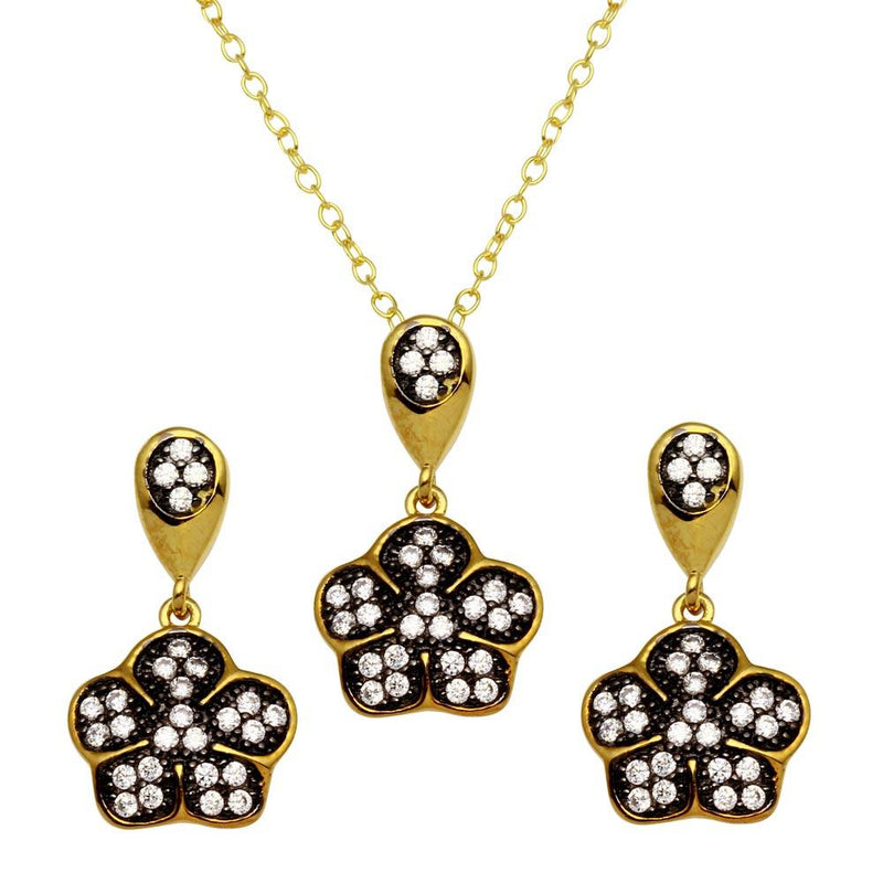 Silver 925 Gold Plated Flower Necklace and Earrings Set with CZ - BGS00546 | Silver Palace Inc.