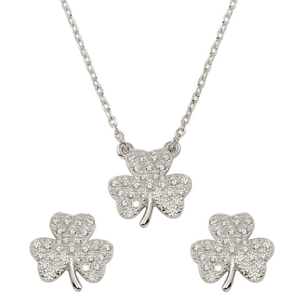Silver 925 Rhodium Plated 925 Clover Necklace and Earring Set with CZ - BGS00547CLR | Silver Palace Inc.