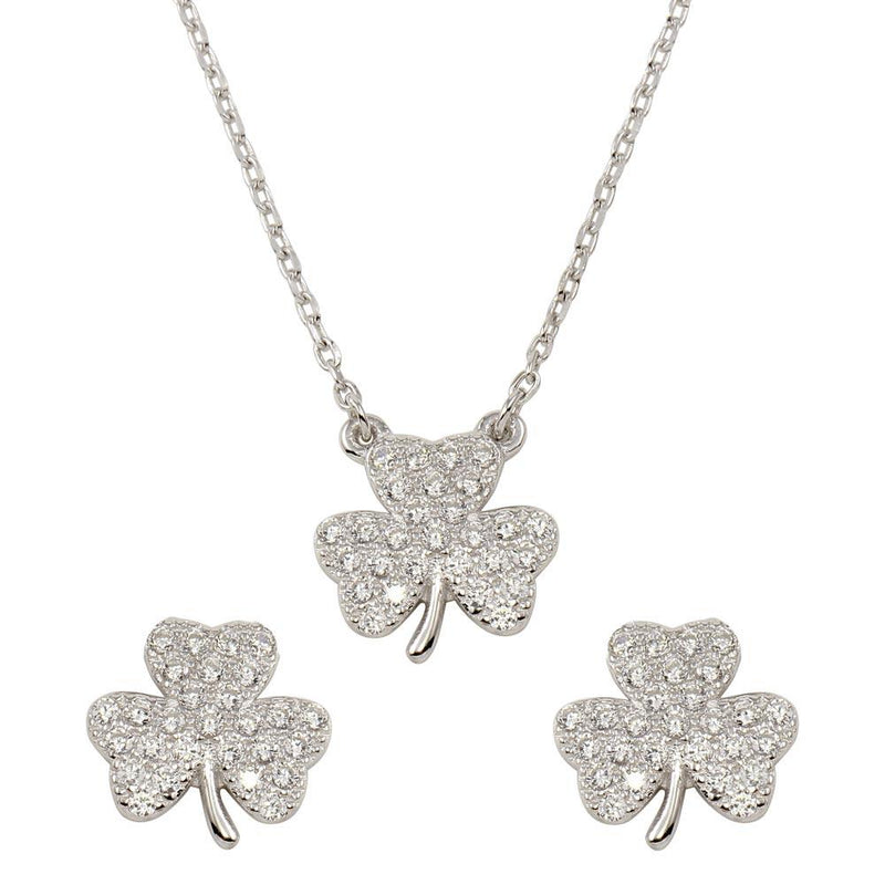 Silver 925 Rhodium Plated 925 Clover Necklace and Earring Set with CZ - BGS00547CLR | Silver Palace Inc.