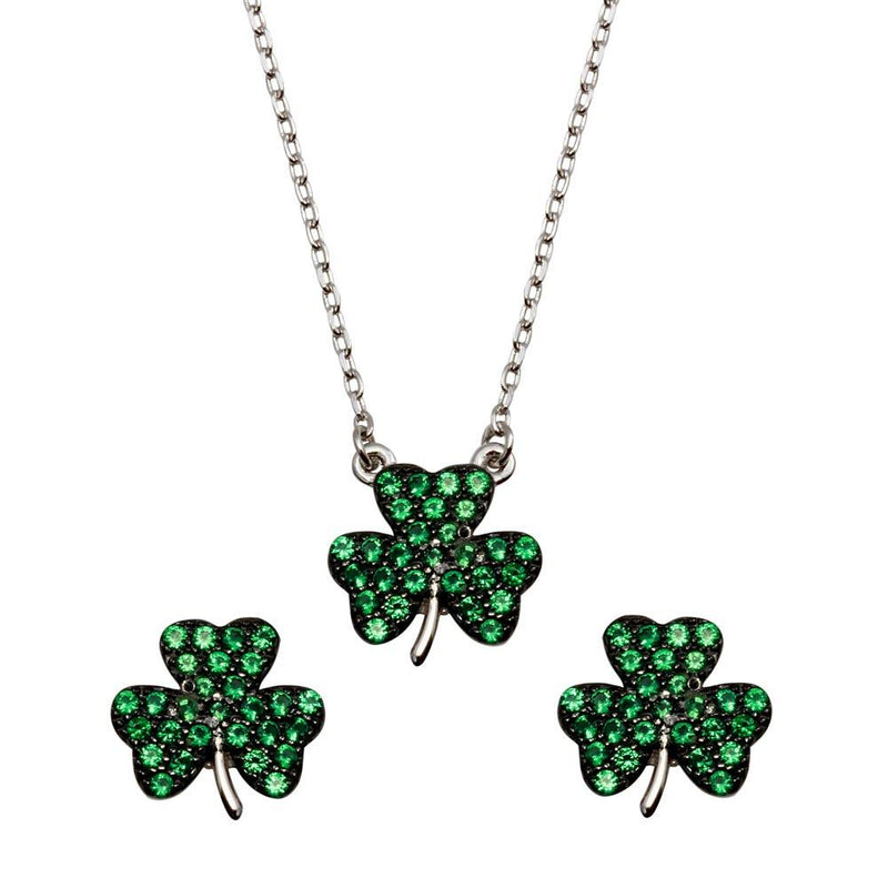 Silver 925 Mini Green Clover Necklace and Earrings Set with CZ - BGS00547GRN | Silver Palace Inc.