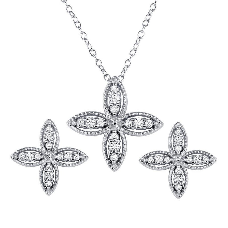 Silver 925 Four Petal Flower Necklace and Earrings Set - BGS00550 | Silver Palace Inc.