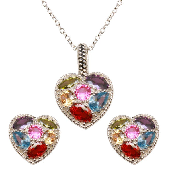 Silver 925 Rhodium Plated Multi-colored CZ Heart Pendant Necklace and Earrings Set - BGS00551 | Silver Palace Inc.