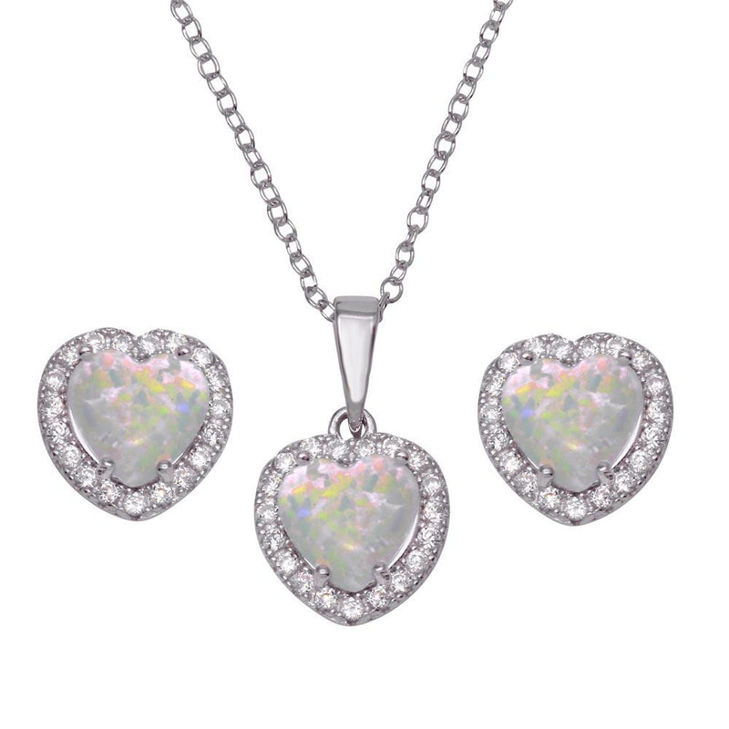 Silver 925 Rhodium Plated Halo Heart Set with Synthetic Opal and CZ - BGS00552 | Silver Palace Inc.