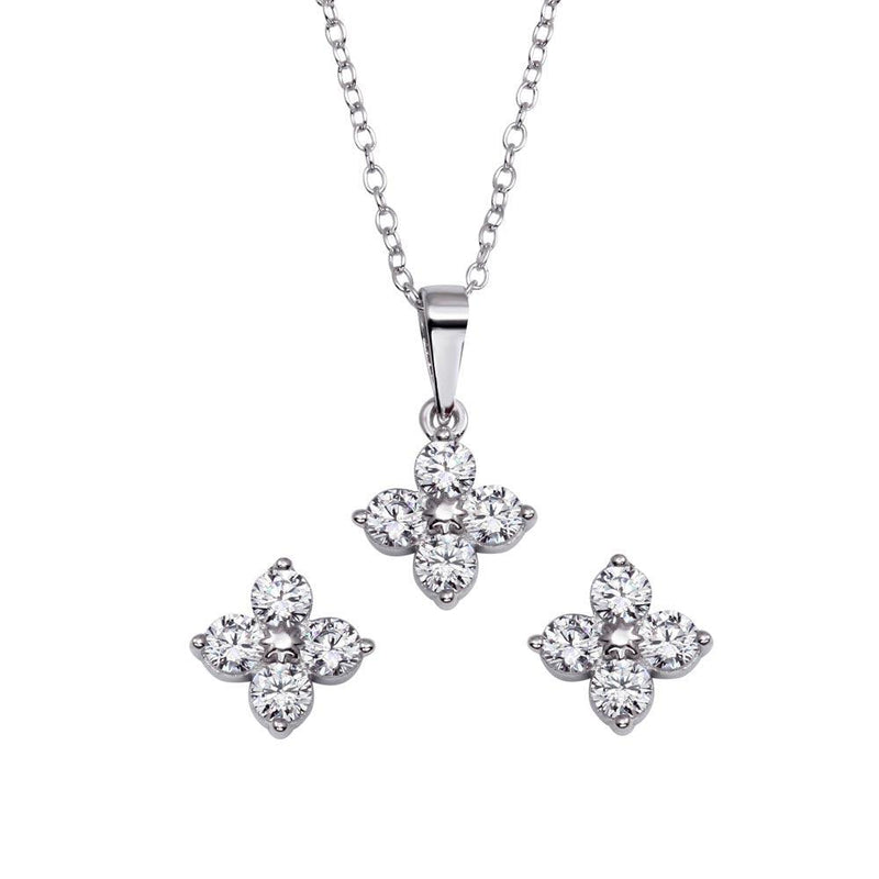 Silver 925 Rhodium Plated CZ Flower Pendant Necklace and Stud Earrings Set - BGS00554 | Silver Palace Inc.