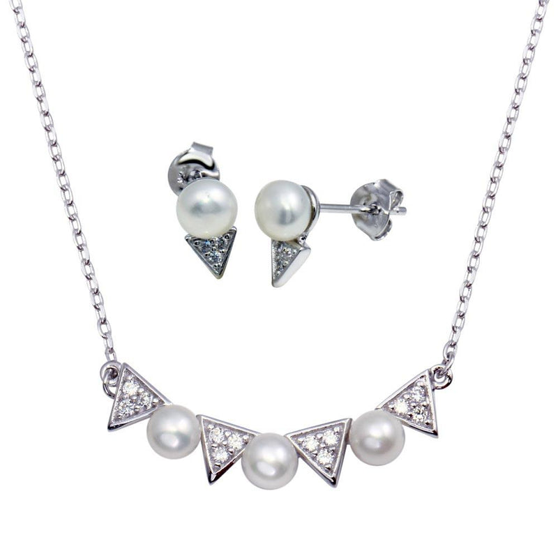 Silver 925 Rhodium Plated Triangle and Synthetic Pearl Pendant Necklace and Stud Earrings Set - BGS00555 | Silver Palace Inc.