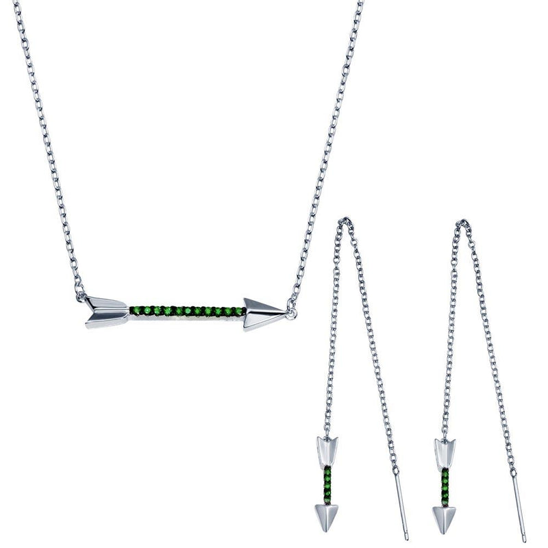 Silver 925 Rhodium Plated Green Arrow Necklace and Dangling Earrings CZ Set - BGS00558GRN | Silver Palace Inc.