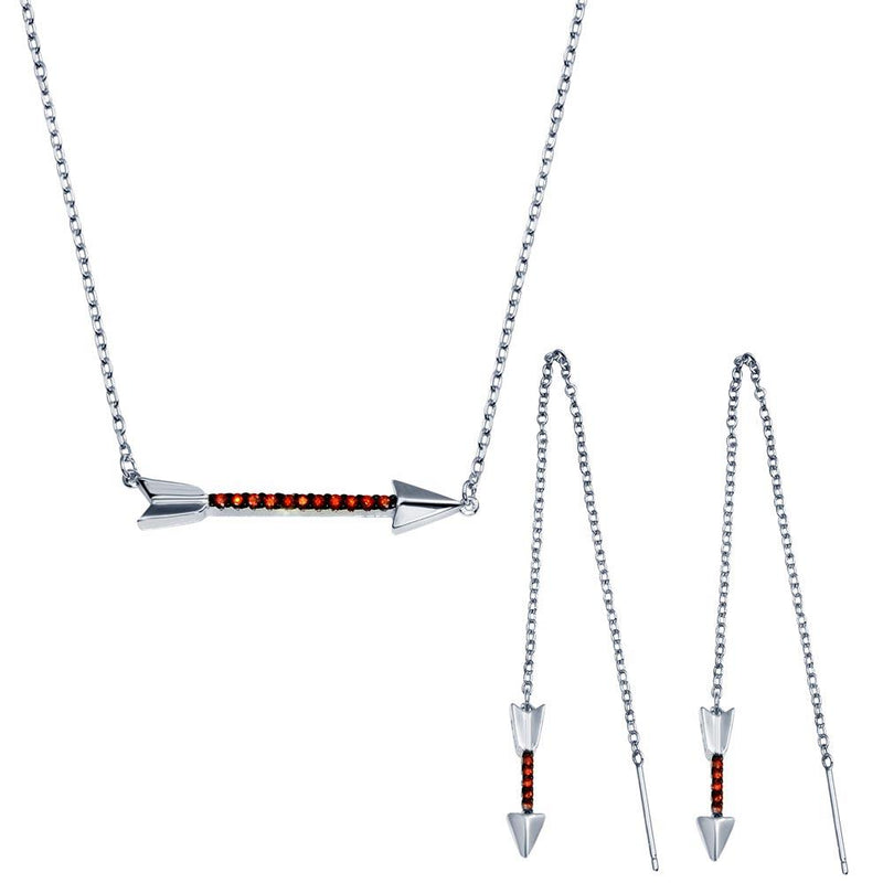 Silver 925 Rhodium Plated Arrow Pendant Necklace and Dangling Earrings Set with Red CZ - BGS00558RED | Silver Palace Inc.