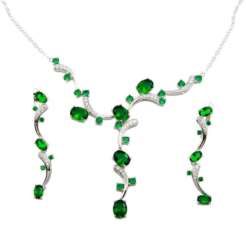 Silver 925 Rhodium Plated Green CZ Necklace and Dangling Earring Set - BGS00560 | Silver Palace Inc.