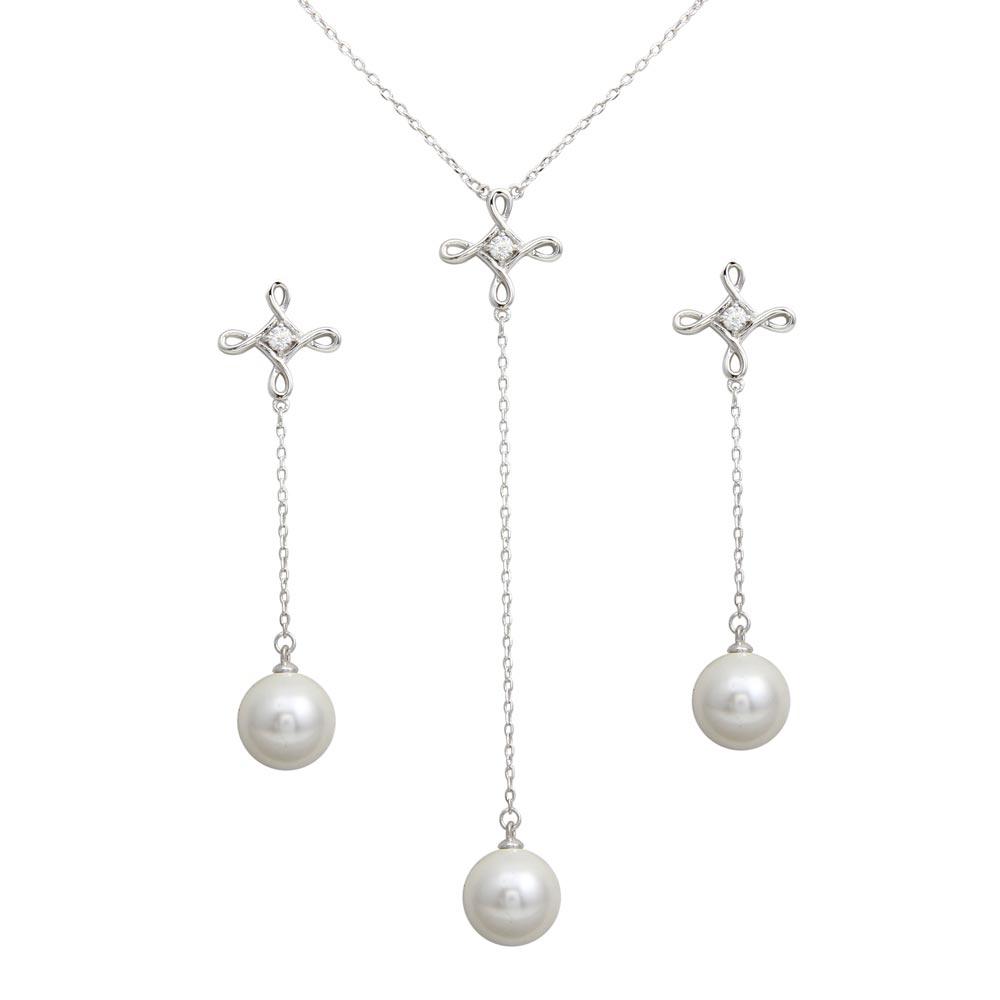 Silver 925 Rhodium Plated CZ Open Infinity Cross with Synthetic Dangling Set - BGS00561 | Silver Palace Inc.