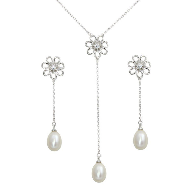 Silver 925 Rhodium Plated CZ Open Flower with Fresh Water Pearl Dangling Set - BGS00563 | Silver Palace Inc.