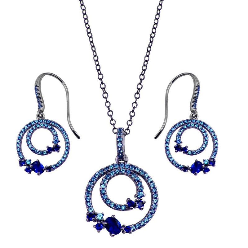 Silver 925 Rhodium Plated Double Circle Earrings and Necklace Set with Blue CZ - BGS00565BLU | Silver Palace Inc.