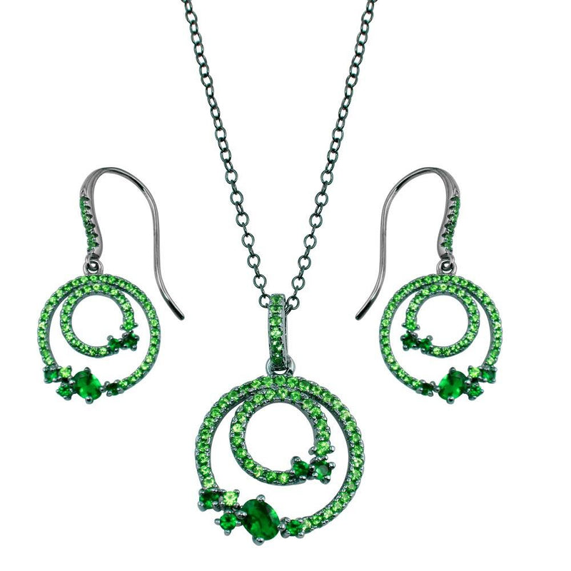 Silver 925 Rhodium Plated Double Circle Earrings and Necklace Set with Green CZ - BGS00565GRN | Silver Palace Inc.