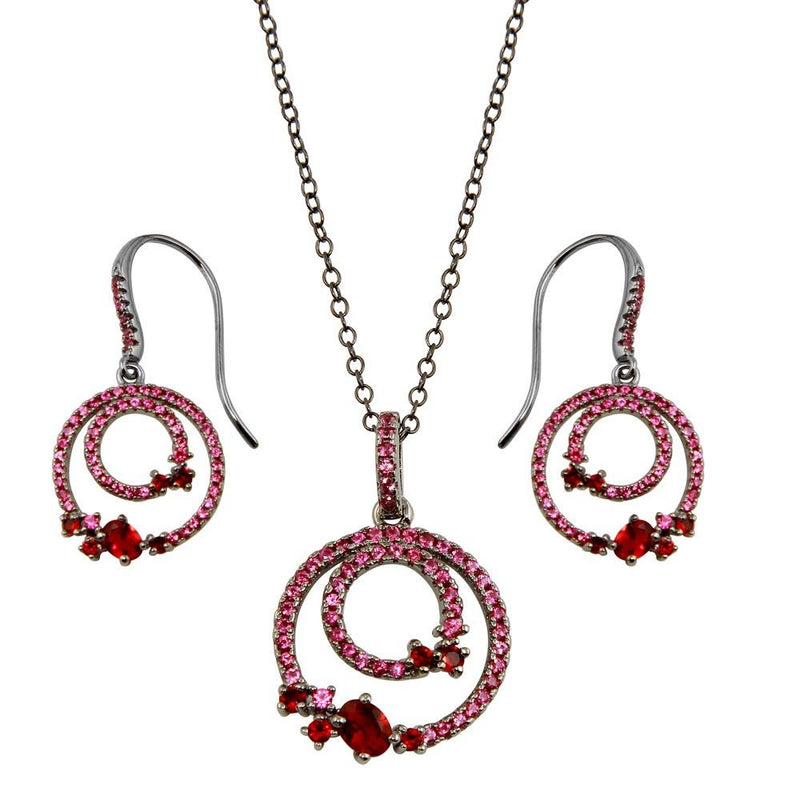 Silver 925 Rhodium Plated Double Circle Earrings and Necklace Set with Red CZ - BGS00565RED | Silver Palace Inc.