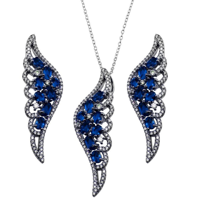 Silver 925 Black Rhodium Plated Wing Pendant and Earrings Set with Blue CZ - BGS00566BLU | Silver Palace Inc.