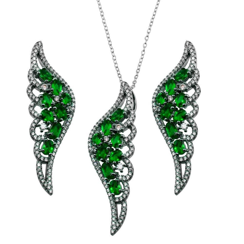 Silver 925 Black Rhodium Plated Wing Pendant and Earrings Set with Green CZ - BGS00566GRN | Silver Palace Inc.