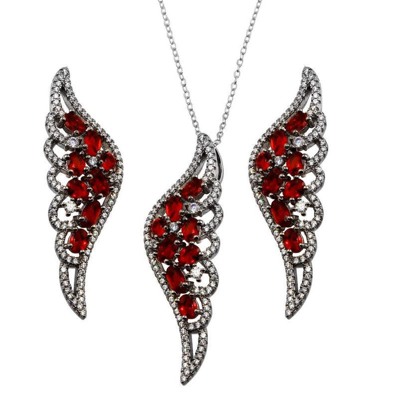 Silver 925 Black Rhodium Plated Wing Pendant and Earrings Set with Red CZ - BGS00566RED | Silver Palace Inc.