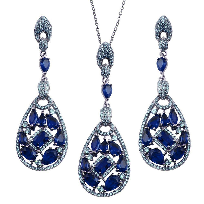 Silver 925 Rhodium Plated Dangling Teardrop Necklace and Earrings Set with Blue CZ - BGS00567BLU | Silver Palace Inc.