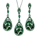 Silver 925 Rhodium Plated Dangling Teardrop Necklace and Earrings Set with Green CZ - BGS00567GRN | Silver Palace Inc.