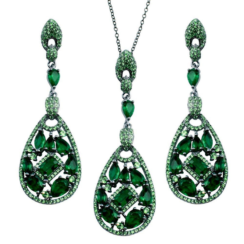 Silver 925 Rhodium Plated Dangling Teardrop Necklace and Earrings Set with Green CZ - BGS00567GRN | Silver Palace Inc.