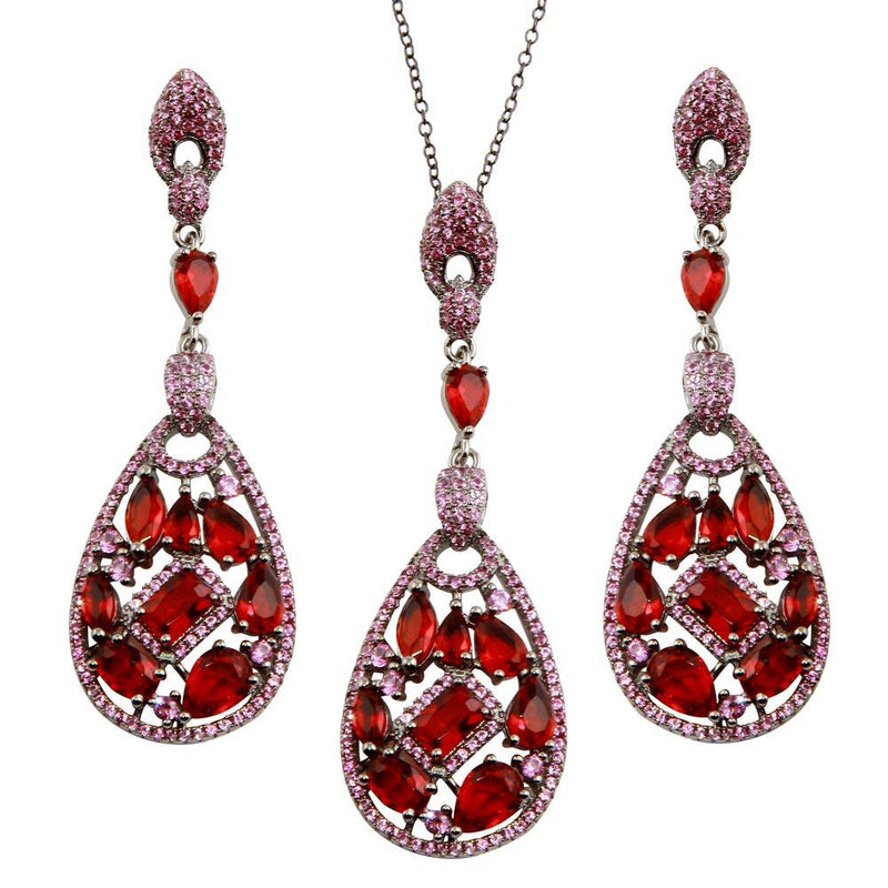Silver 925 Rhodium Plated Dangling Teardrop Necklace and Earrings Set with Red CZ - BGS00567RED | Silver Palace Inc.