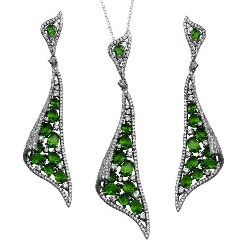 Silver 925 Rhodium Plated Dangling Earrings and Necklace Set with Green CZ - BGS00569GRN | Silver Palace Inc.