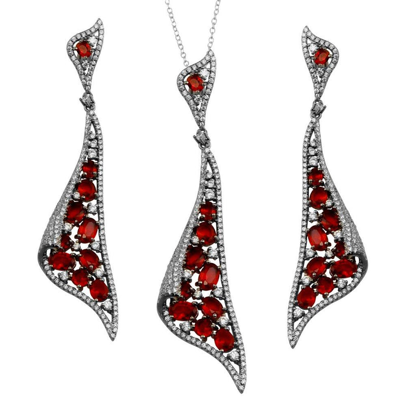 Silver 925 Rhodium Plated Dangling Earrings and Necklace Set with Red CZ - BGS00569RED | Silver Palace Inc.