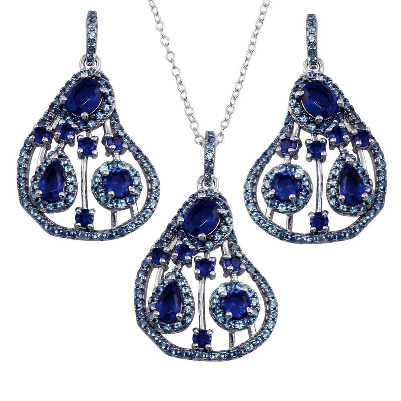 Silver 925 Rhodium Plated Dangling Pear-Shaped Necklace and Earrings Set with Blue CZ - BGS00570BLU | Silver Palace Inc.