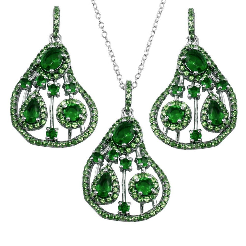 Silver 925 Rhodium Plated Dangling Pear-Shaped Necklace and Earrings Set with Green CZ - BGS00570GRN | Silver Palace Inc.