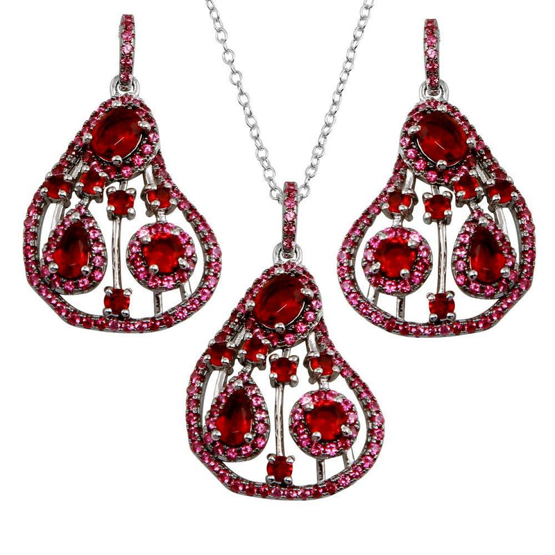 Silver 925 Rhodium Plated Dangling Pear-Shaped Necklace and Earrings Set with Red CZ - BGS00570RED | Silver Palace Inc.