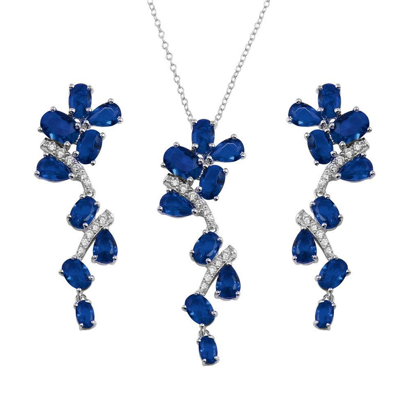 Silver 925 Rhodium Plated Dangling Flower Necklace and Earrings Set with Blue CZ - BGS00571BLU | Silver Palace Inc.