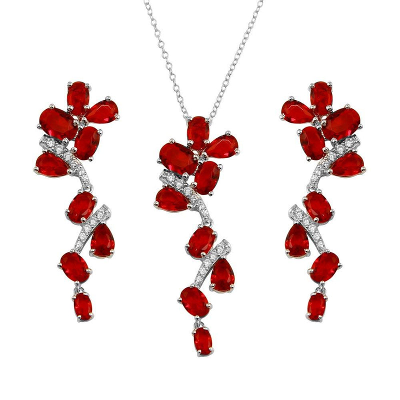 Silver 925 Rhodium Plated Dangling Flower Necklace and Earrings Set with Red CZ - BGS00571RED | Silver Palace Inc.