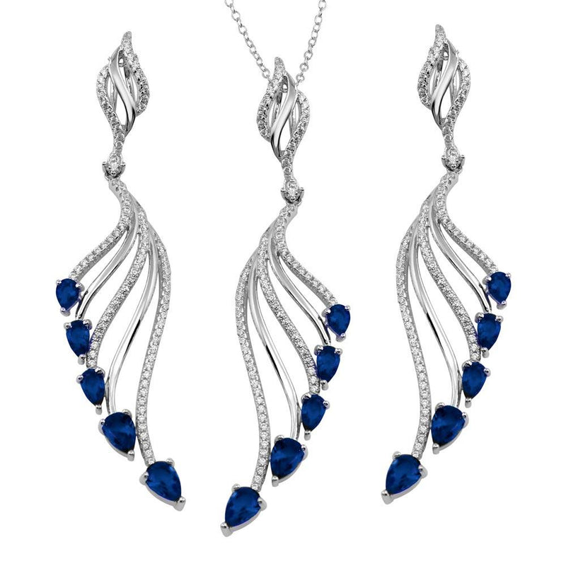 Silver 925 Rhodium Plated Wing Necklace and Earrings Set with Blue CZ - BGS00572BLU | Silver Palace Inc.