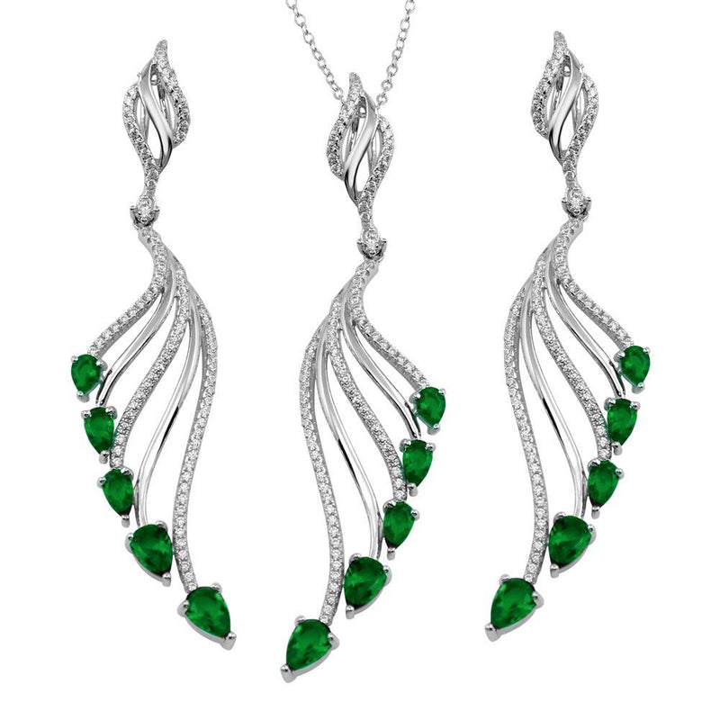 Silver 925 Rhodium Plated Wing Necklace and Earrings Set with Green CZ - BGS00572GRN | Silver Palace Inc.
