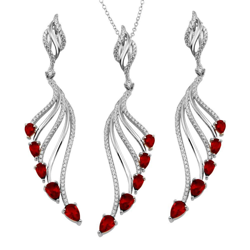 Silver 925 Rhodium Plated Wing Necklace and Earrings Set with Red CZ - BGS00572RED | Silver Palace Inc.
