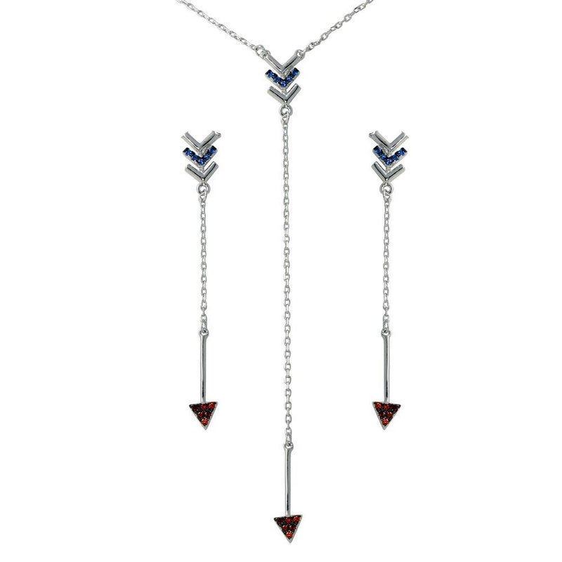 Silver 925 Rhodium Plated Dangling Arrow Earrings and Necklace set with CZ - BGS00573 | Silver Palace Inc.