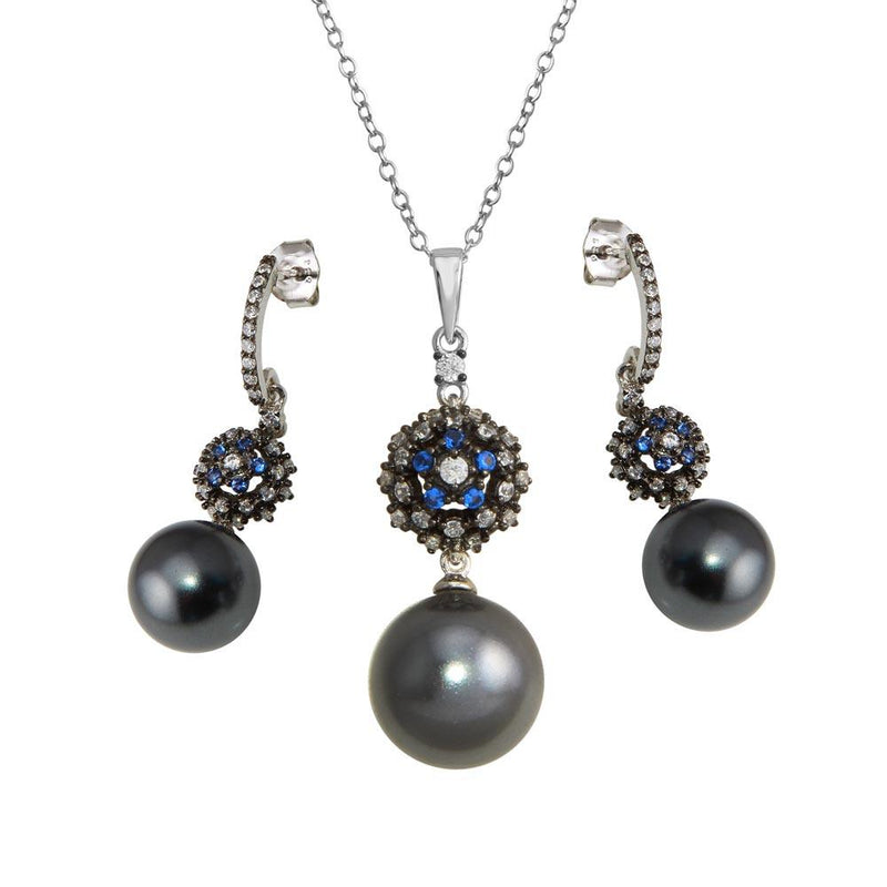 Silver 925 Rhodium Plated Synthetic Black Pearl Necklace with CZ - BGS00576 | Silver Palace Inc.