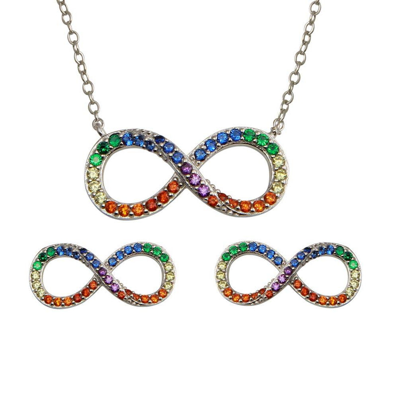 Silver 925 Rhodium Plated Infinity Pendant Necklace and Stud Earrings Set with Rainbow CZ - BGS00577 | Silver Palace Inc.