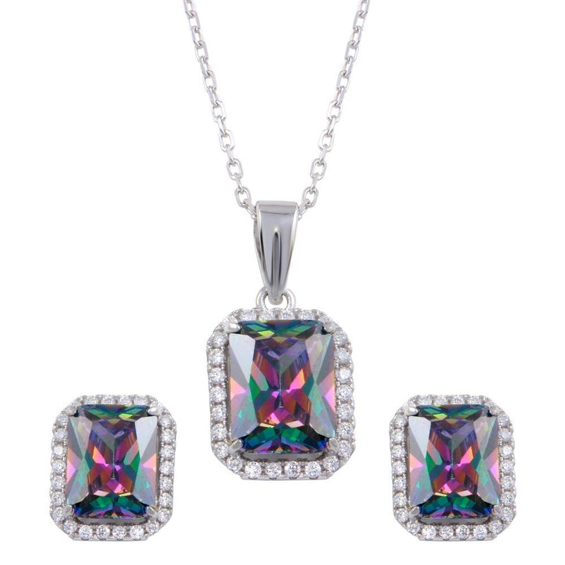 Silver 925 Rhodium Plated Halo Rectangle Synthetic Mystic Topaz CZ Set - BGS00582 | Silver Palace Inc.
