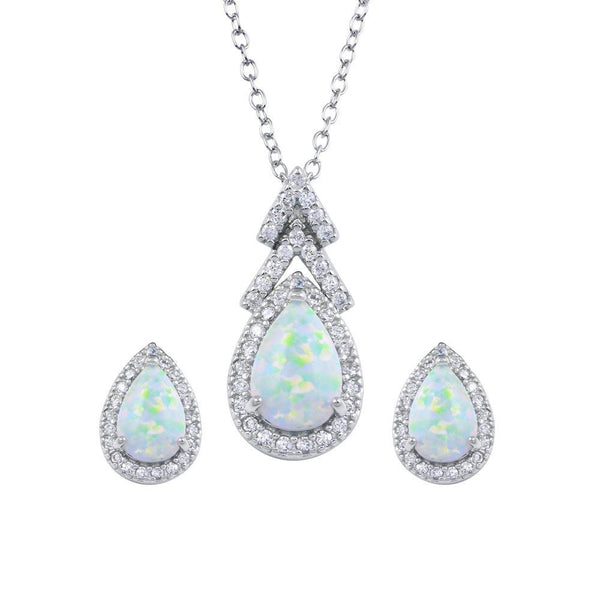 Silver 925 Rhodium Plated Synthetic Opal Teardrop CZ Set - BGS00584 | Silver Palace Inc.