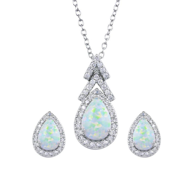 Silver 925 Rhodium Plated Synthetic Opal Teardrop CZ Set - BGS00584 | Silver Palace Inc.